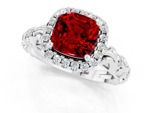 White gold Cushion Cut Halo Diamond Solitaire with Filigree Band and Four-Prong Setting_1