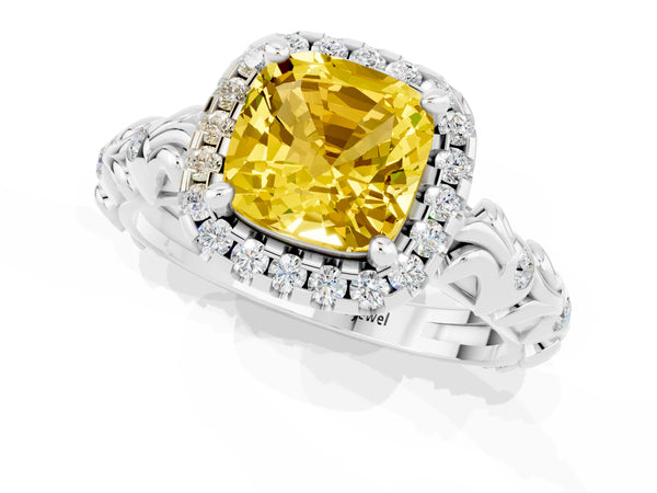 White gold Cushion Cut Yellow Sapphire Halo Ring with Filigree Band and Prong Setting
