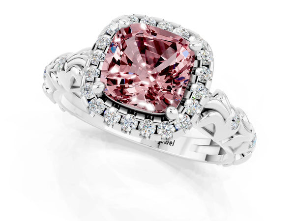 Platinum Cushion Cut Halo Diamond Solitaire with Filigree Band and Four-Prong Setting