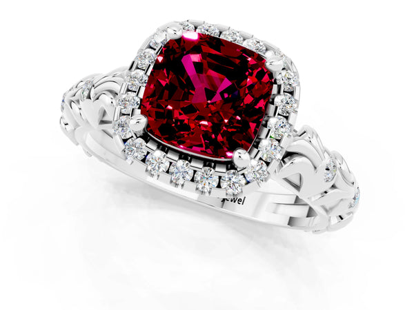Platinum Cushion Cut Garnet Halo Ring with Filigree Band and Prong Setting