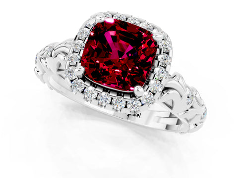 White gold Cushion Cut Halo Diamond Solitaire with Filigree Band and Four-Prong Setting_1