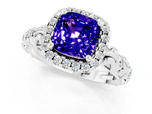 White gold Cushion Cut Tanzanite Halo Ring with Filigree Band and Prong Setting