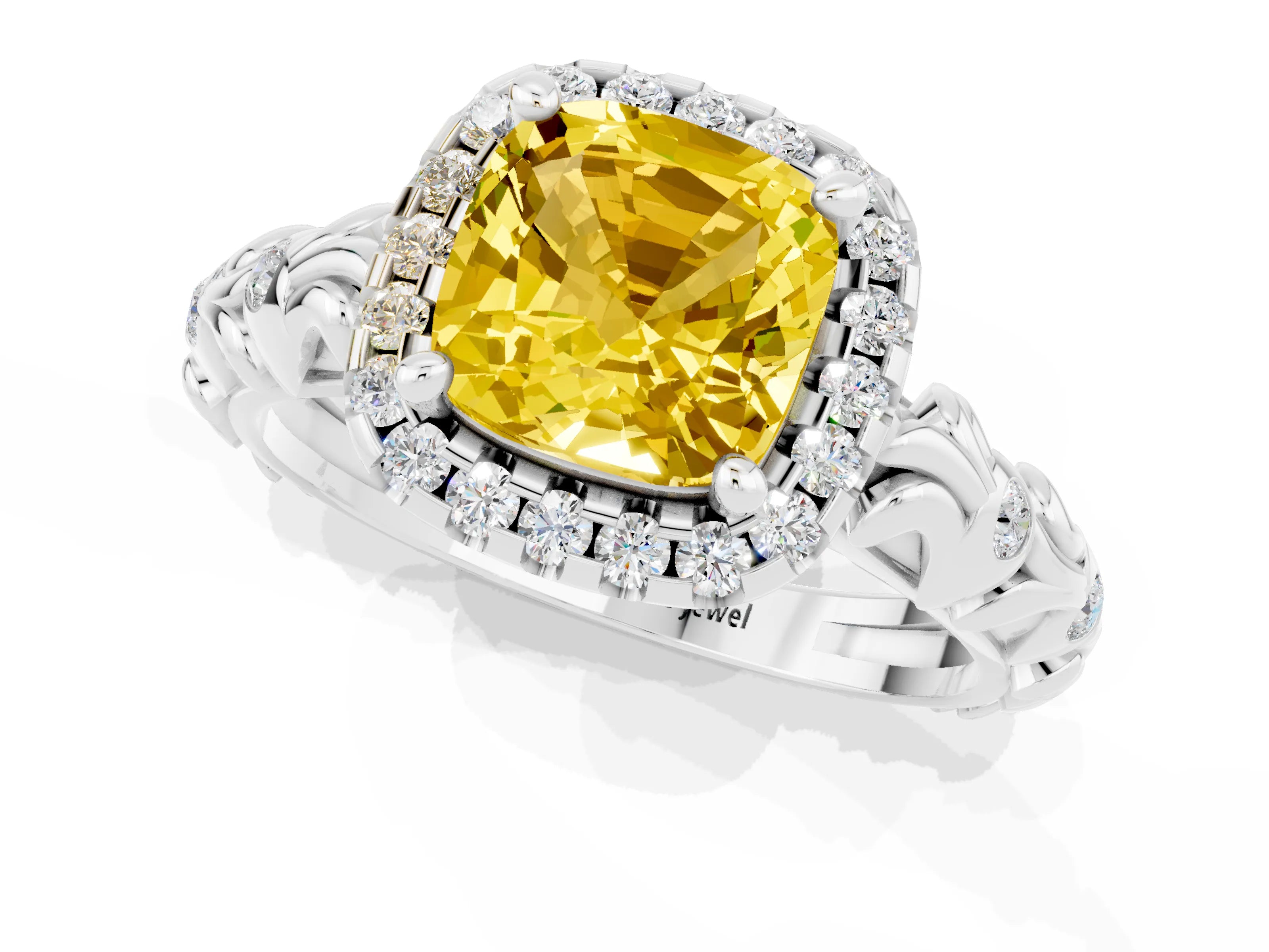 White gold Cushion Cut Halo Diamond Solitaire with Filigree Band and Four-Prong Setting_1