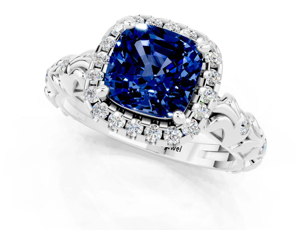 Platinum Cushion Cut Blue Sapphire Halo Ring with Filigree Band and Prong Setting