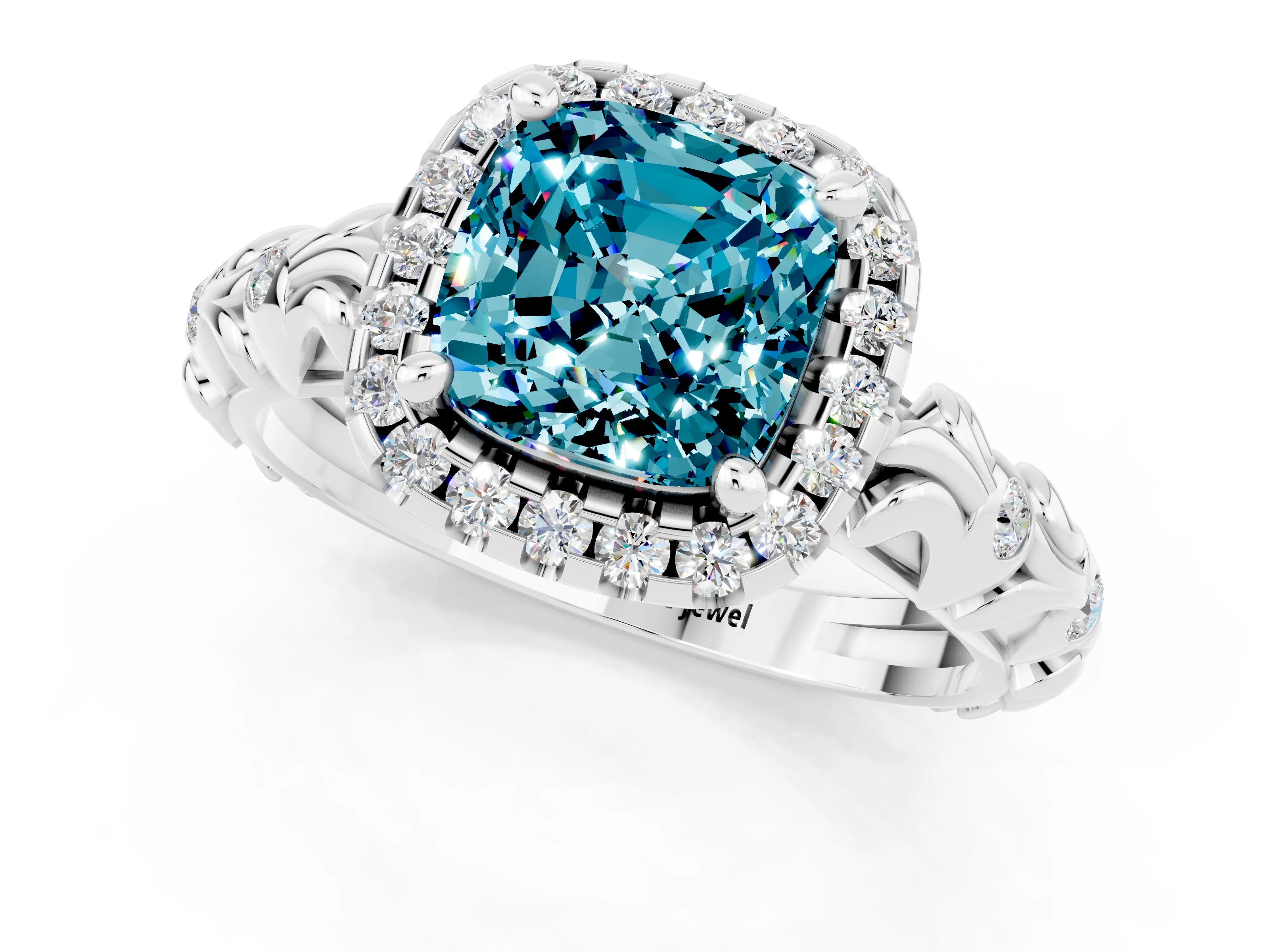White gold Cushion Cut Halo Diamond Solitaire with Filigree Band and Four-Prong Setting_1