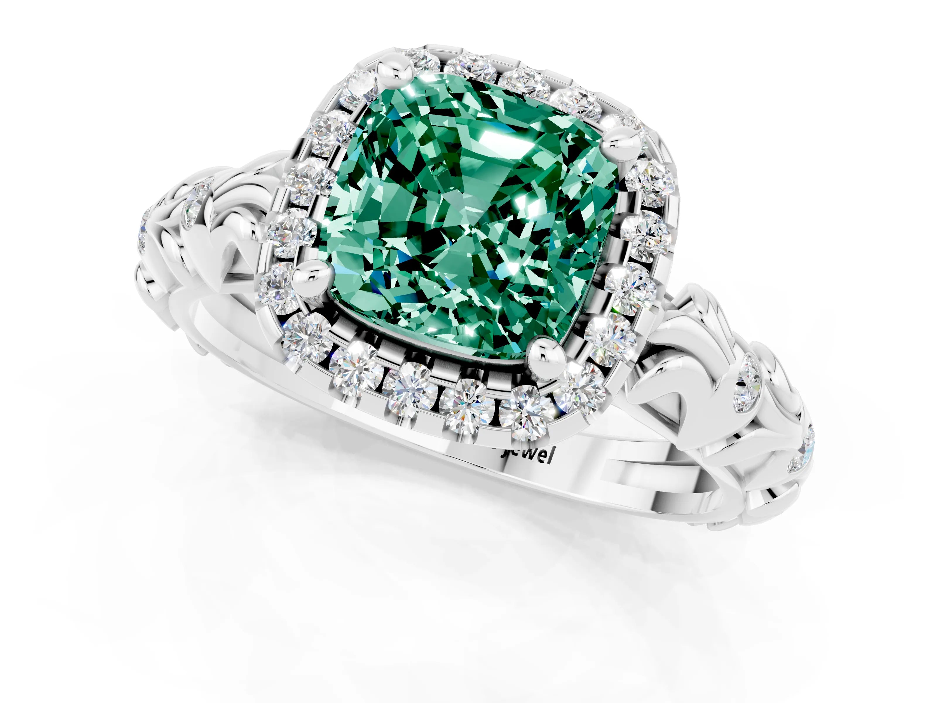 White gold Cushion Cut Halo Diamond Solitaire with Filigree Band and Four-Prong Setting_1