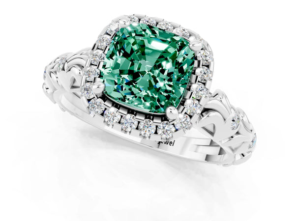 Platinum Cushion Cut Green Sapphire Halo Ring with Filigree Band and Prong Setting