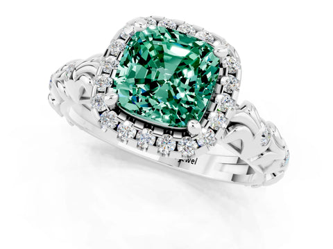 White gold Cushion Cut Halo Diamond Solitaire with Filigree Band and Four-Prong Setting_1