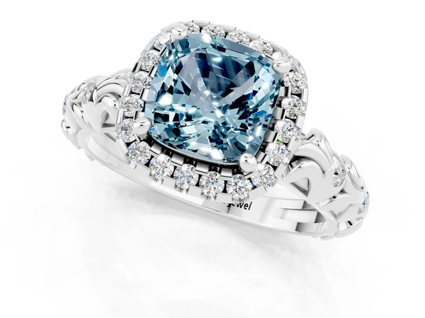 Silver Cushion Cut Aquamarine Halo Ring with Filigree Band and Prong Setting