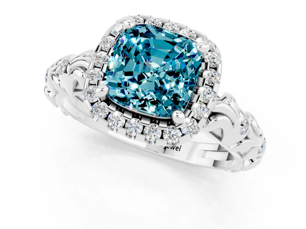 Silver Cushion Cut Halo Diamond Solitaire with Filigree Band and Four-Prong Setting