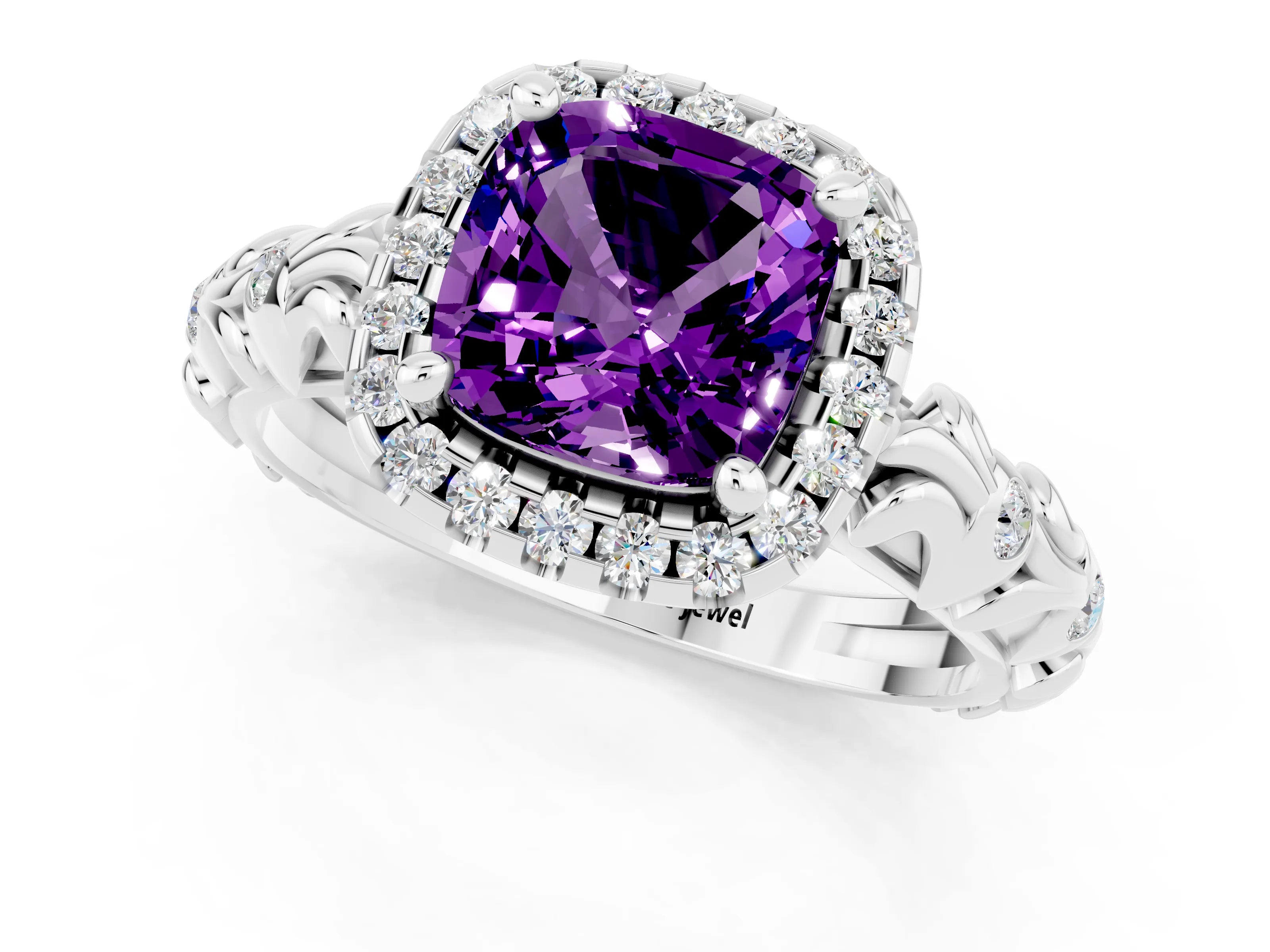 White gold Cushion Cut Halo Diamond Solitaire with Filigree Band and Four-Prong Setting_1