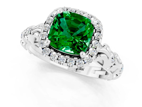 White gold Cushion Cut Emerald Halo Ring with Filigree Band and Prong Setting