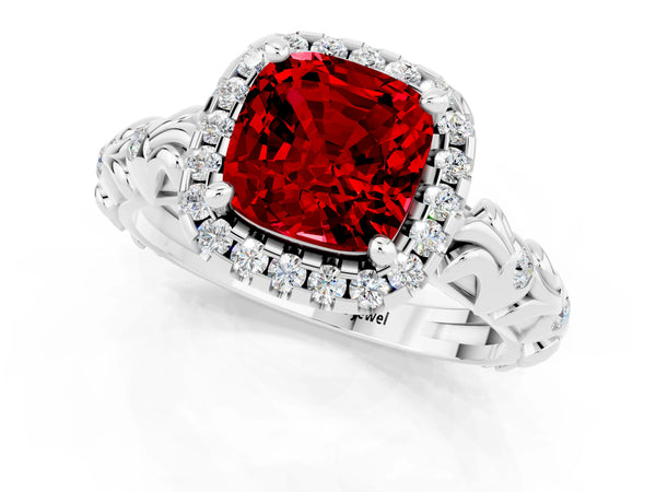 Platinum Cushion Cut Ruby Halo Ring with Filigree Band and Prong Setting