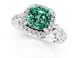 White gold Cushion Cut Halo Diamond Solitaire with Filigree Band and Four-Prong Setting_1