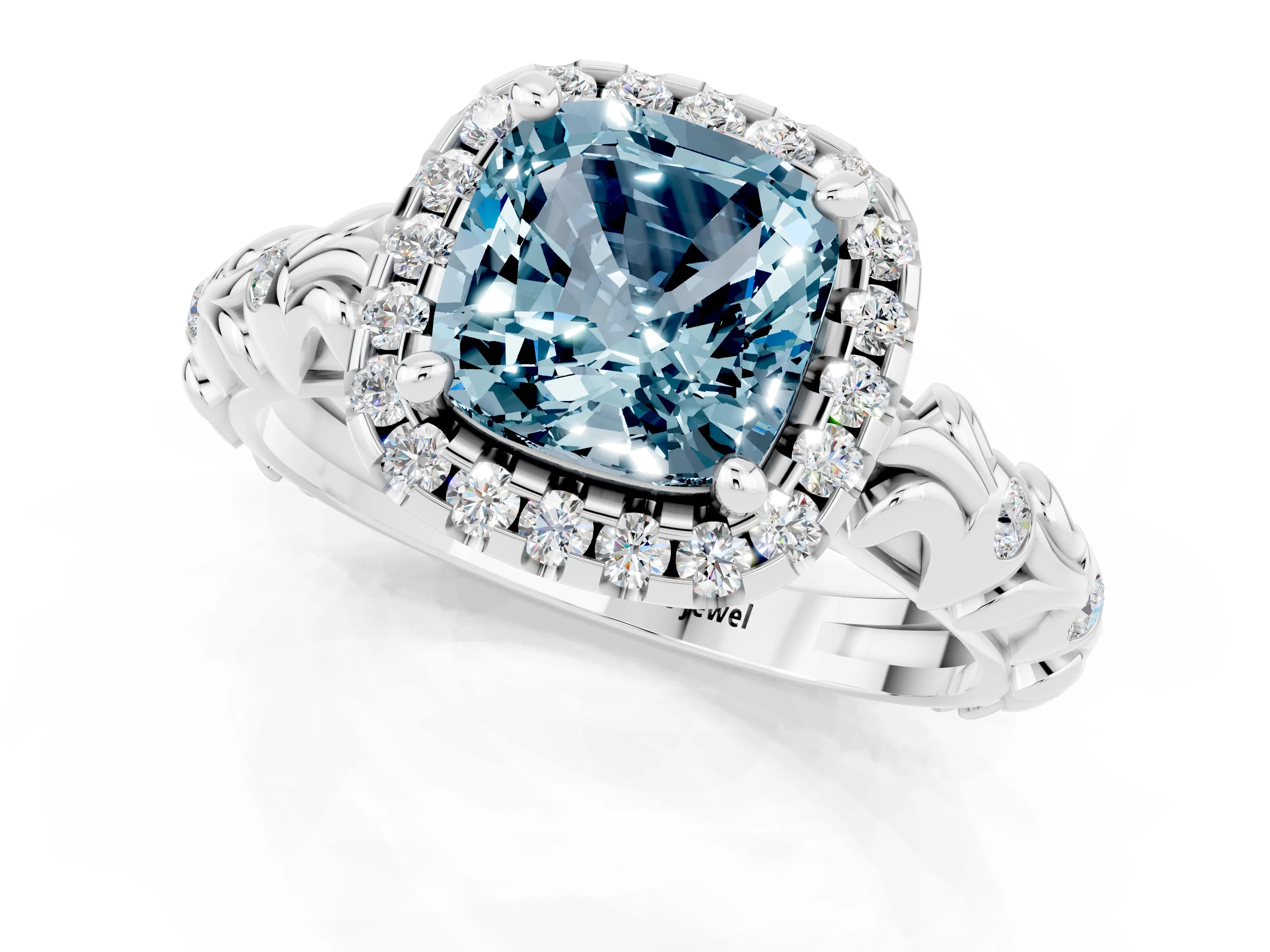 White gold Cushion Cut Halo Diamond Solitaire with Filigree Band and Four-Prong Setting_1