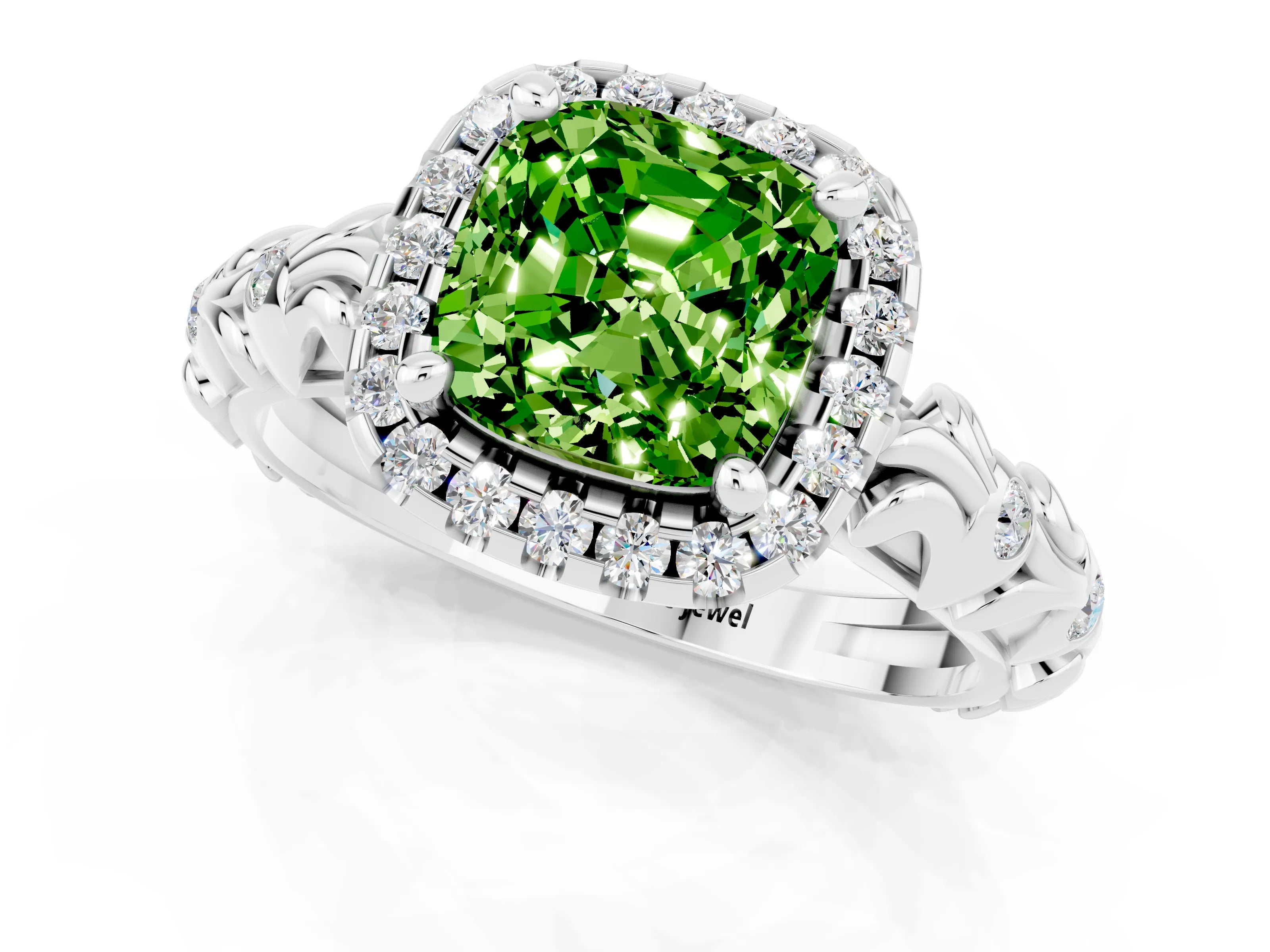 White gold Cushion Cut Halo Diamond Solitaire with Filigree Band and Four-Prong Setting_1