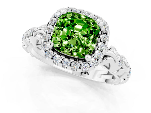 Platinum Cushion Cut Peridot Halo Ring with Filigree Band and Prong Setting