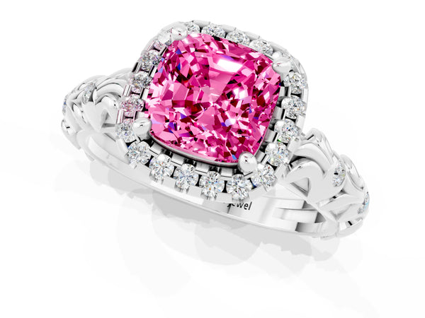 Silver Cushion Cut Pink Sapphire Halo Ring with Filigree Band and Prong Setting