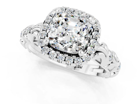 White gold Cushion Cut Halo Diamond Solitaire with Filigree Band and Four-Prong Setting_1