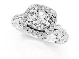 White gold Cushion Cut Halo Diamond Solitaire with Filigree Band and Four-Prong Setting_1