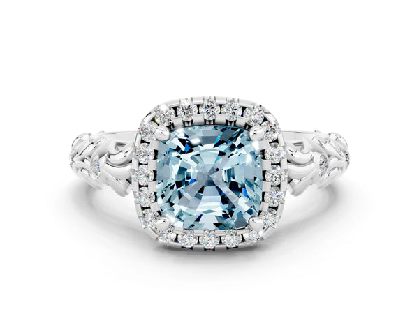 Platinum Cushion Cut Aquamarine Halo Ring with Filigree Band and Prong Setting