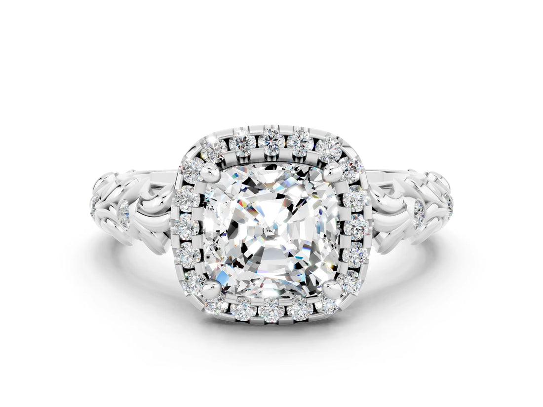 White gold Cushion Cut Halo Diamond Solitaire with Filigree Band and Four-Prong Setting