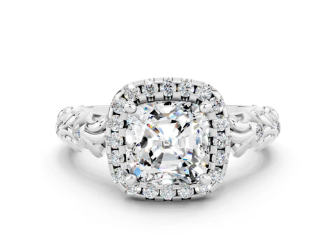 White gold Cushion Cut Halo Diamond Solitaire with Filigree Band and Four-Prong Setting
