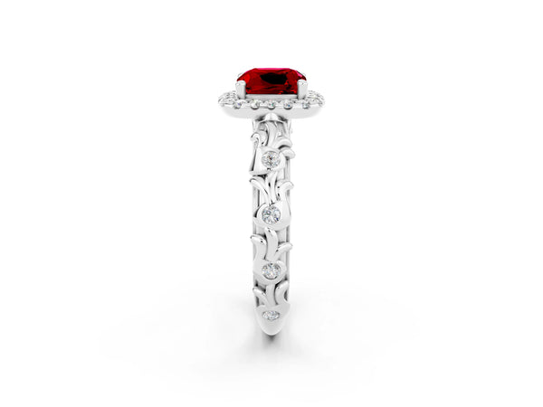 Platinum Cushion Cut Ruby Halo Ring with Filigree Band and Prong Setting