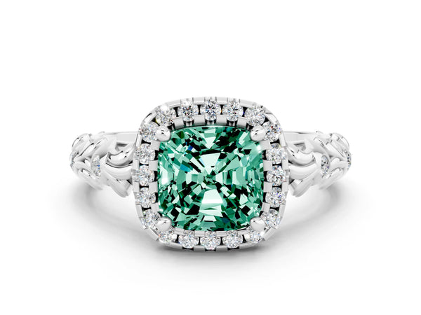 Silver Cushion Cut Green Sapphire Halo Ring with Filigree Band and Prong Setting