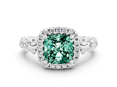 White gold Cushion Cut Halo Diamond Solitaire with Filigree Band and Four-Prong Setting