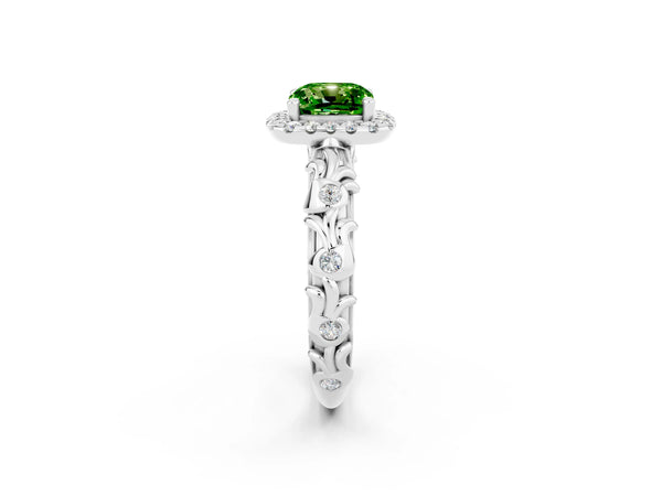 Silver Cushion Cut Peridot Halo Ring with Filigree Band and Prong Setting