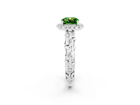 White gold Cushion Cut Halo Diamond Solitaire with Filigree Band and Four-Prong Setting_2