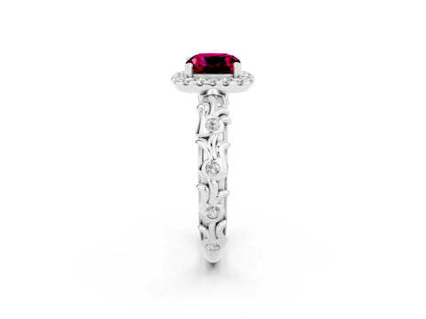 White gold Cushion Cut Halo Diamond Solitaire with Filigree Band and Four-Prong Setting_2