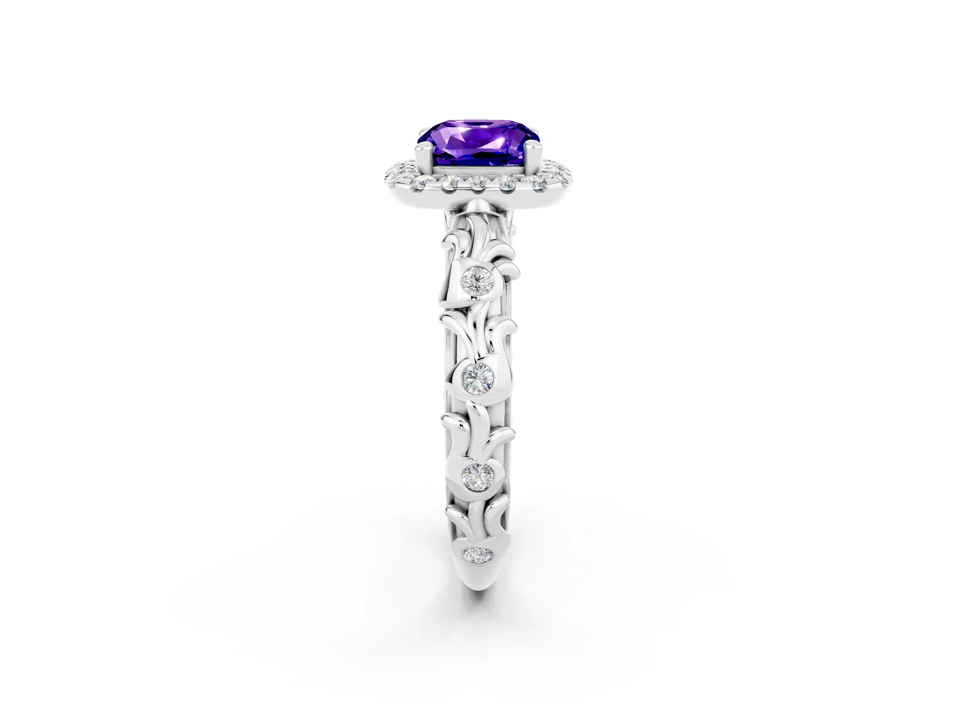 White gold Cushion Cut Halo Diamond Solitaire with Filigree Band and Four-Prong Setting_2
