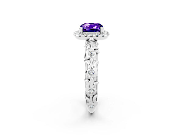 Platinum Cushion Cut Tanzanite Halo Ring with Filigree Band and Prong Setting