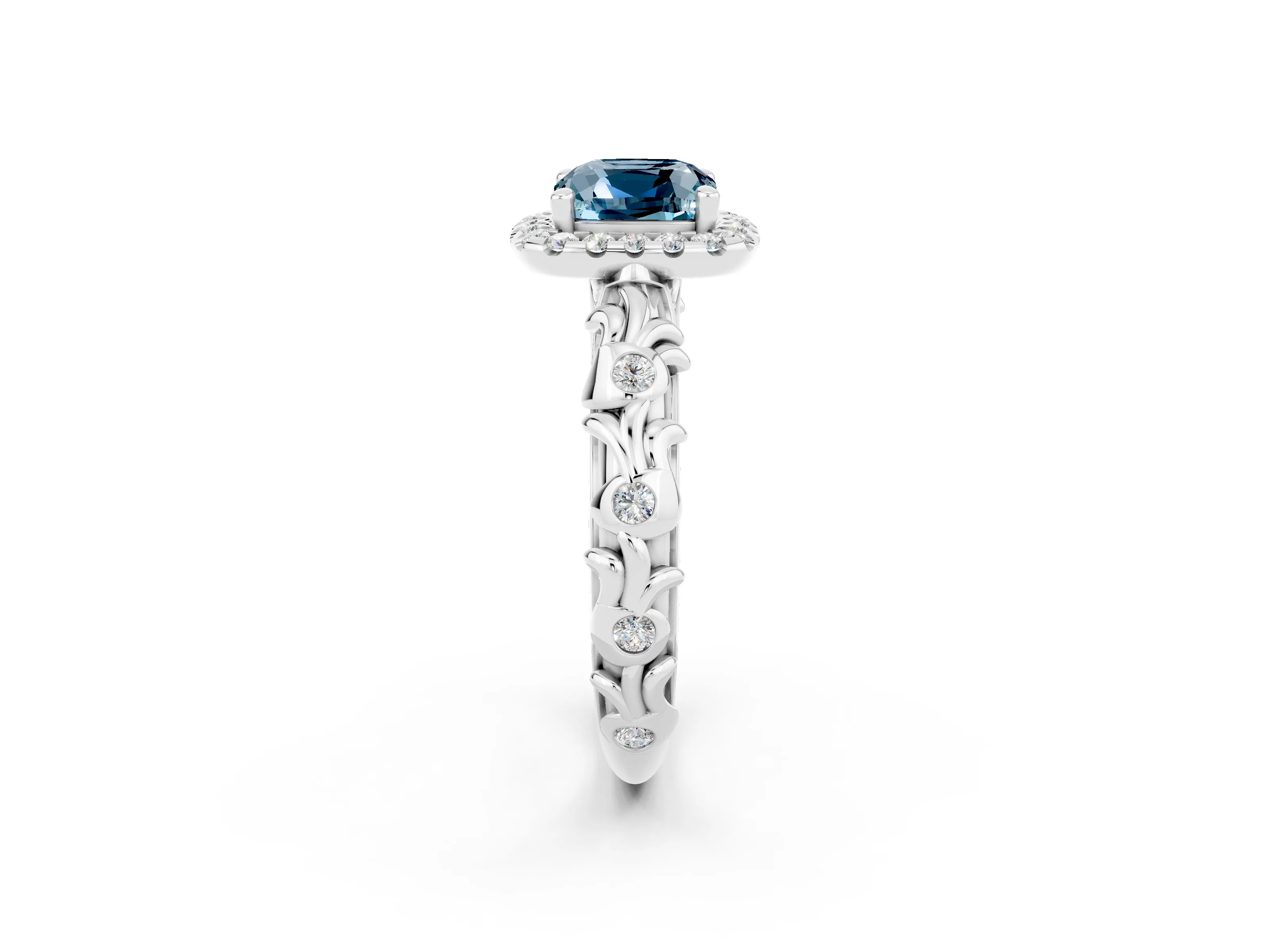 White gold Cushion Cut Halo Diamond Solitaire with Filigree Band and Four-Prong Setting_2