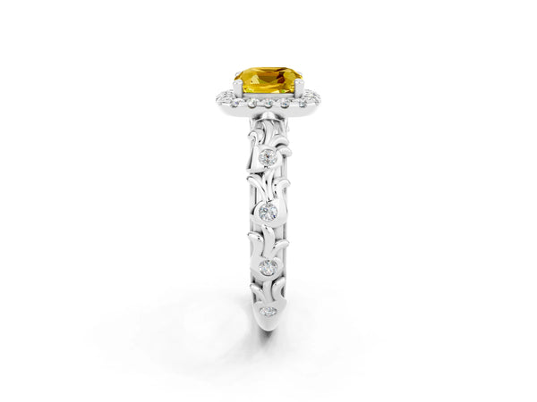 Platinum Cushion Cut Yellow Sapphire Halo Ring with Filigree Band and Prong Setting