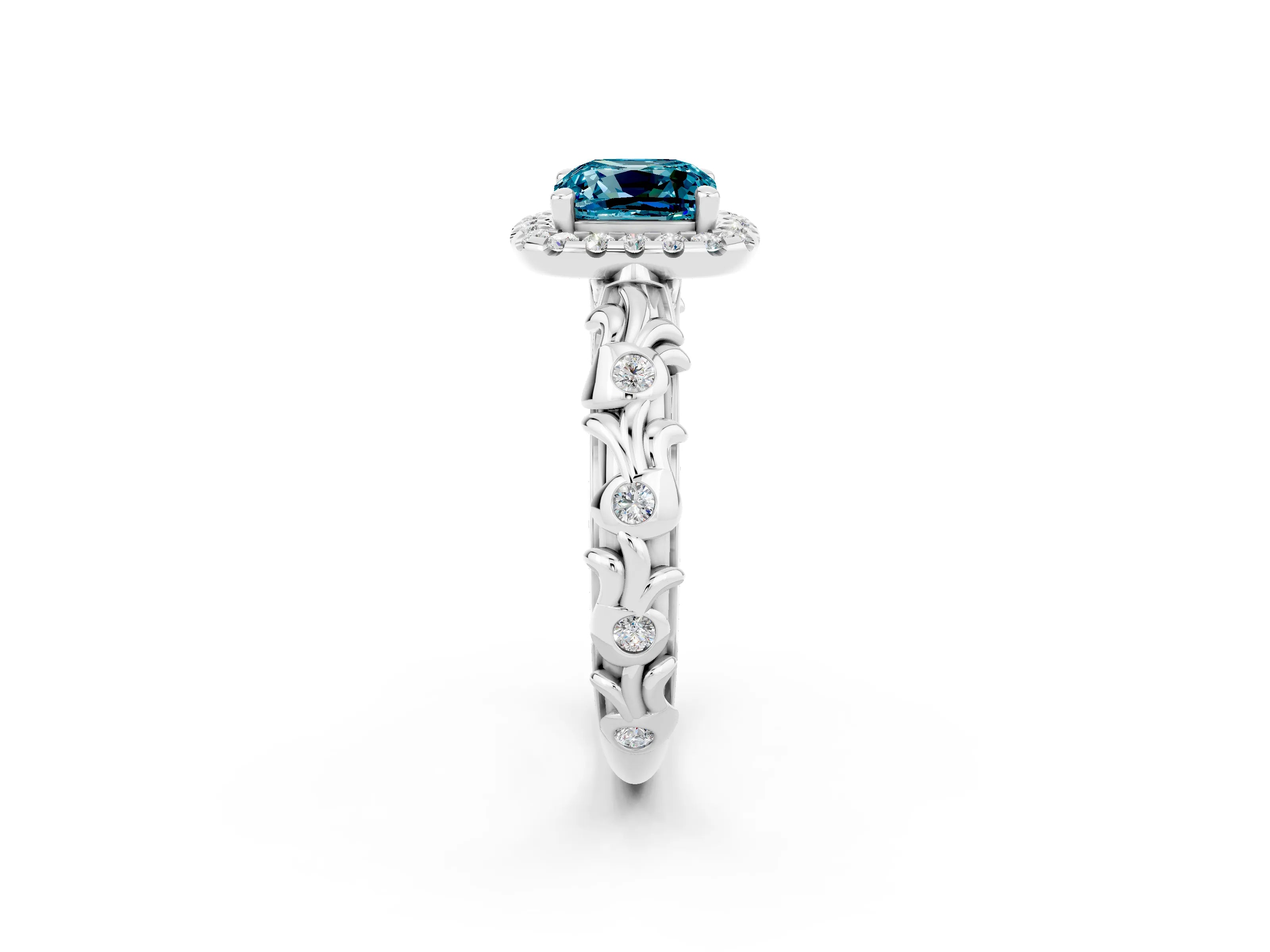 White gold Cushion Cut Halo Diamond Solitaire with Filigree Band and Four-Prong Setting_2