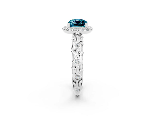 Platinum Cushion Cut Halo Diamond Solitaire with Filigree Band and Four-Prong Setting