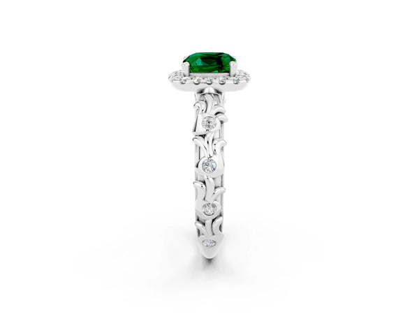 White gold Cushion Cut Emerald Halo Ring with Filigree Band and Prong Setting