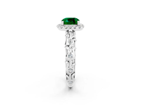 White gold Cushion Cut Halo Diamond Solitaire with Filigree Band and Four-Prong Setting_2