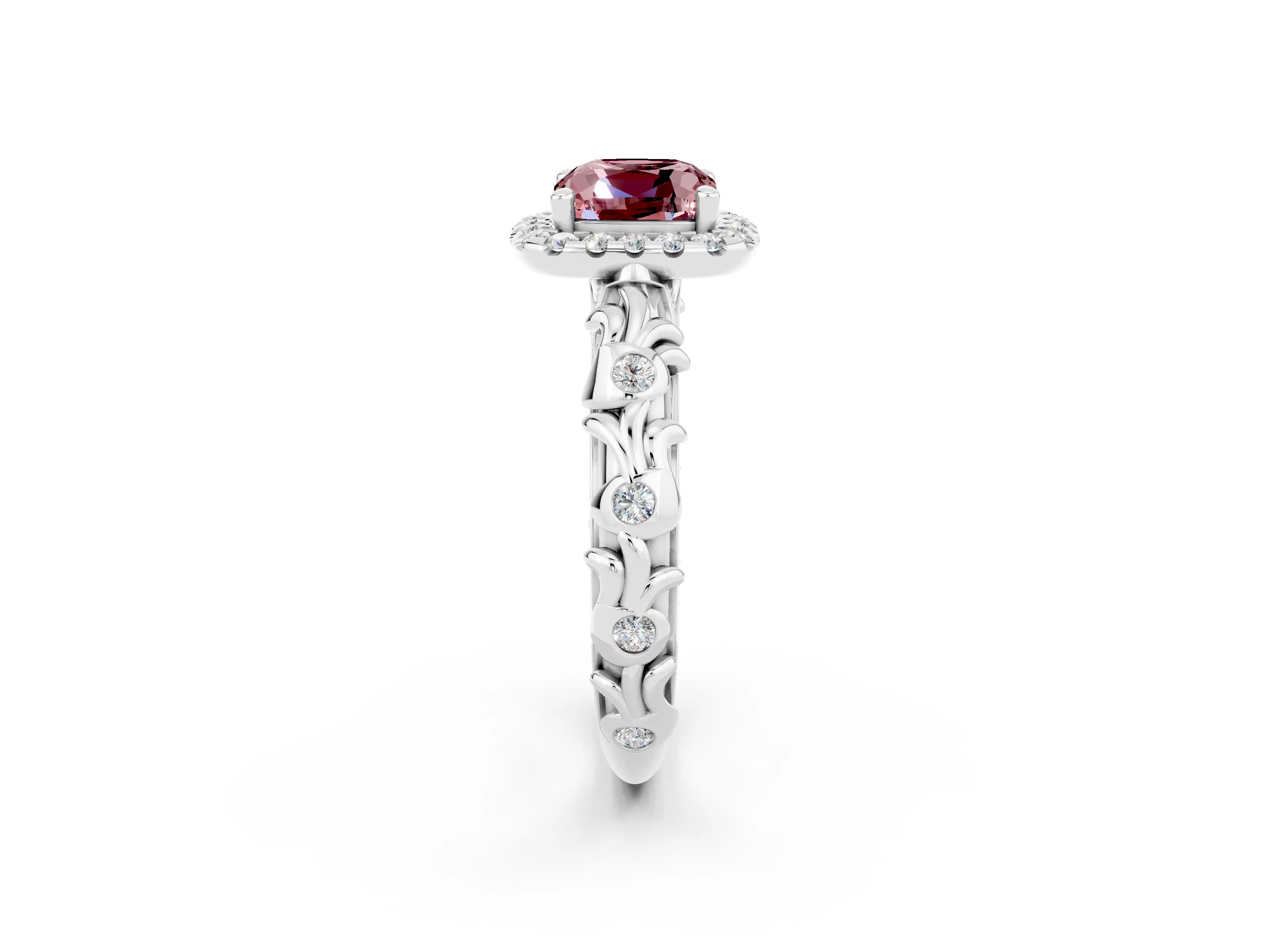 White gold Cushion Cut Halo Diamond Solitaire with Filigree Band and Four-Prong Setting_2