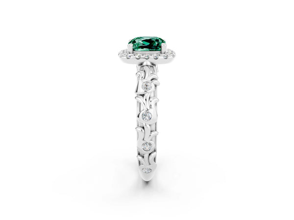 Silver Cushion Cut Green Sapphire Halo Ring with Filigree Band and Prong Setting