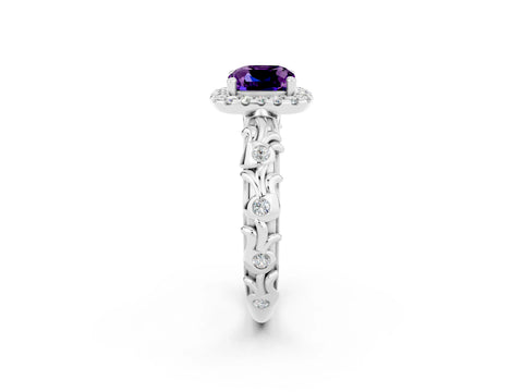 White gold Cushion Cut Halo Diamond Solitaire with Filigree Band and Four-Prong Setting_2