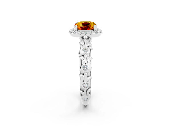 Platinum Cushion Cut Citrine Halo Ring with Filigree Band and Prong Setting