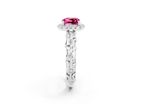 Platinum Cushion Cut Pink Sapphire Halo Ring with Filigree Band and Prong Setting