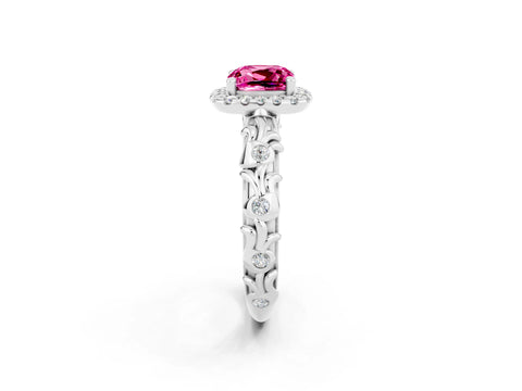 White gold Cushion Cut Halo Diamond Solitaire with Filigree Band and Four-Prong Setting_2
