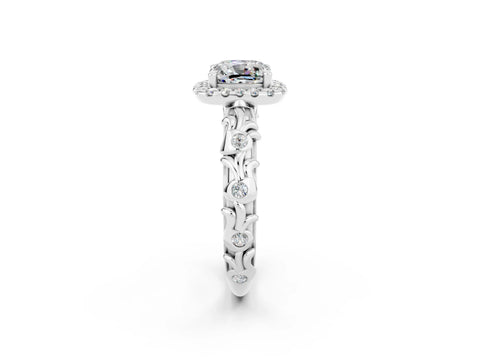White gold Cushion Cut Halo Diamond Solitaire with Filigree Band and Four-Prong Setting_2