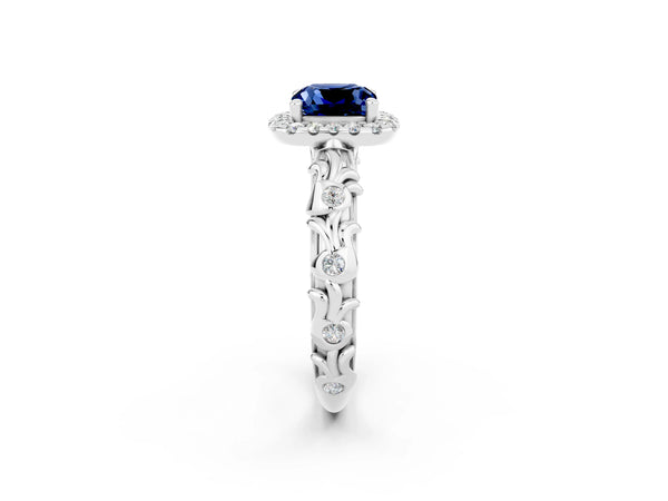 Silver Cushion Cut Blue Sapphire Halo Ring with Filigree Band and Prong Setting