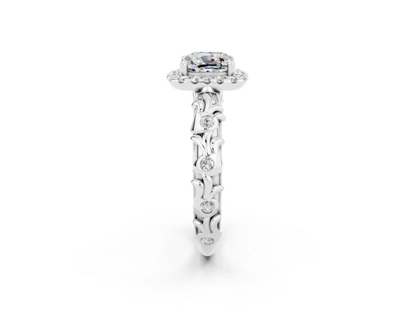 Platinum Cushion Cut Moissanite Halo Ring with Filigree Band and Prong Setting